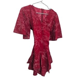 Romantic Feminine Women's Small Mini Romper Floral Ruffle Burgundy White Bowtie